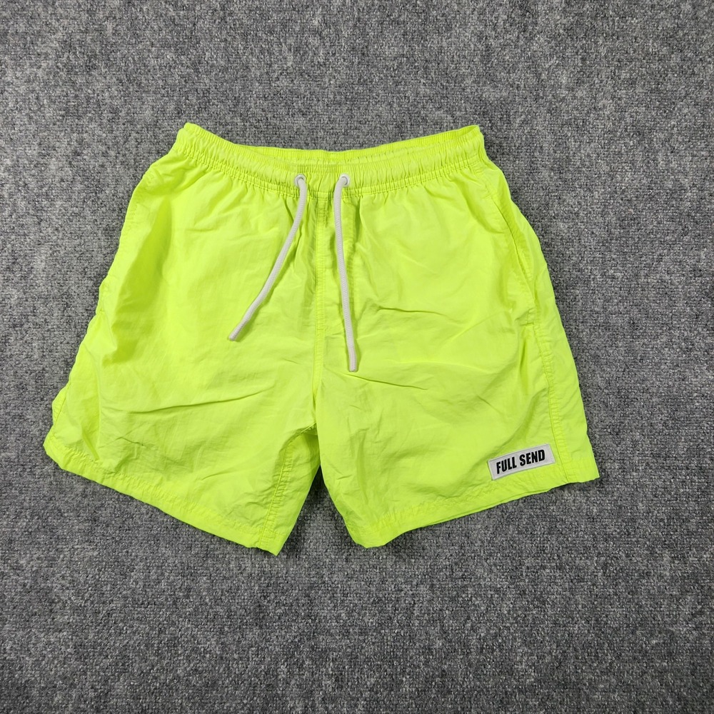 Full Send Mens Neon Yellow Swim Trunks Shorts Size Small Drawstring Logo Patch